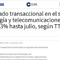 El mercado transaccional en el sector de tecnologa y telecomunicaciones cae un 13% hasta julio, segn TTR